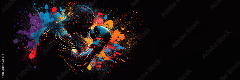 Boxing sport man boxer colorful splash horizontal banner on black background illustration with copy space. Generative AI graphic - obrazy, fototapety, plakaty 