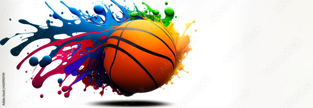 Basket ball colorful splash on white illustration sport banner white background with copy space. Generative AI graphic