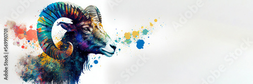 Aries zodiac graphic design watercolor splash art painting on white background with copy space. Generative AI	 photo