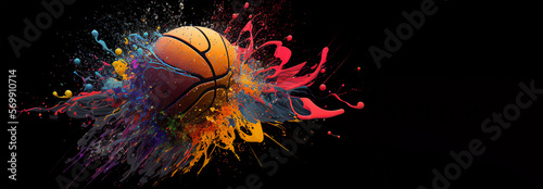 Basket ball colorful splash on white illustration sport banner black background with copy space. Generative AI graphic