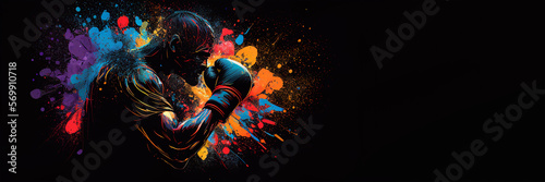 Boxing sport man boxer colorful splash horizontal banner on black background illustration with copy space. Generative AI graphic photo