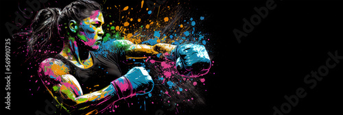 Картината върху платно Boxing sport woman boxer colorful splash horizontal banner on black background illustration with copy space
