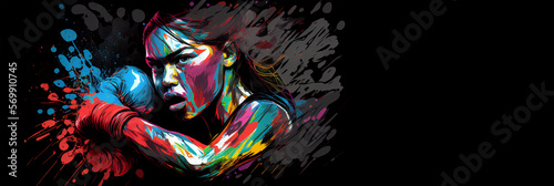 Boxing sport woman boxer colorful splash horizontal banner on black background illustration with copy space. Generative AI graphic © fabioderby