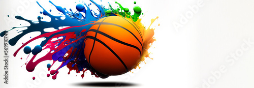 Basket ball colorful splash on white illustration sport banner white background with copy space. Generative AI graphic © fabioderby
