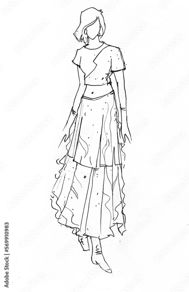 fashion sketch of a girl pen drawing for illustration decoration background fashion sketch of a girl pen drawing for illustration decoration background