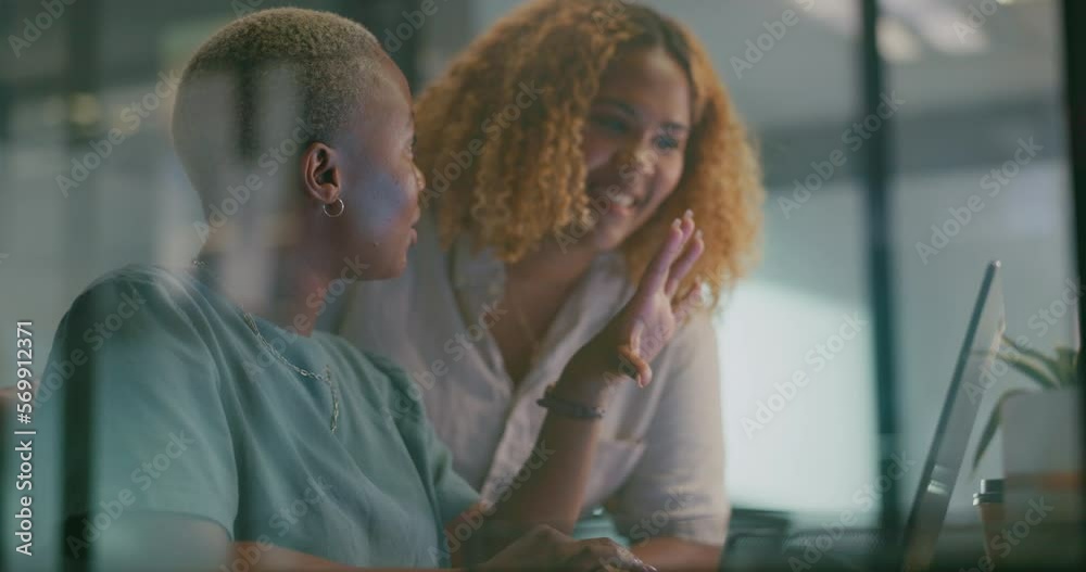 Office laptop, planning and team communication on social network feedback, customer experience or ecommerce. Digital brand monitoring, teamwork collaboration and black women review online survey data