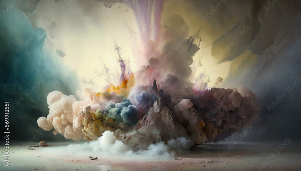 Colorful smoke and paint explosion product display, Generative AI