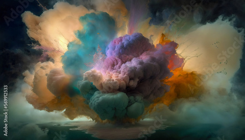 Colorful smoke and paint explosion product display background, Generative AI
