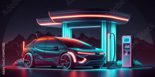 Electric vehicle and futuristic charging station lighted at night by neon lights. Transport innovation with electric vehicles. lifelike in a photograph. Generative AI