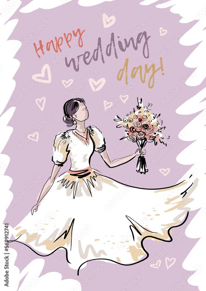The bride with flowers. Watercolor Greeting card with a wedding day or a wedding anniversary. Wedding illustration with text happy wedding day The bride with flowers. Watercolor Greeting card with a wedding day or a wedding anniversary. Wedding illustration with text happy wedding day