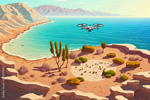 Ein Bokek  Israel  March 13  2021 Drone aerial view of beach on Ein Bokek embankment  Dead Sea in the background  and Jordanian mountains in the distance  in Israel. Generative AI