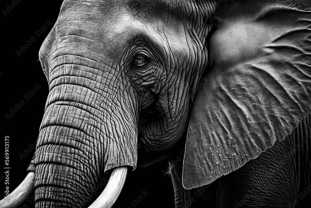 Close up textured black and white image of an African elephant. Generative AI