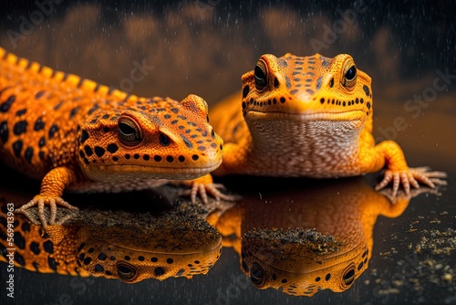 Image of a gorgeous orange and endangered crocodiles newt lying on the moist ground next to one other. Generative AI photo