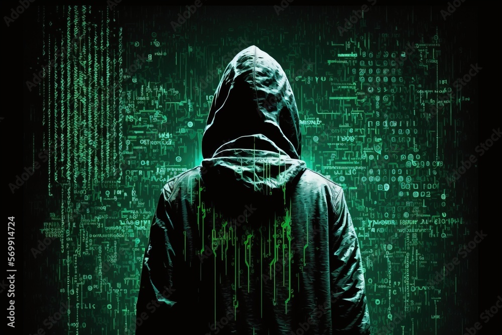 A computer hacker on a matrix background. Generative AI