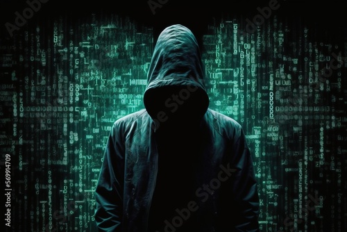 A computer hacker on a matrix background. Generative AI