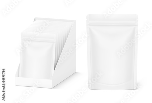 Open pos display box with pouch bags mockup. Vector illustration isolated on white background. Easy to use for your product. EPS10.