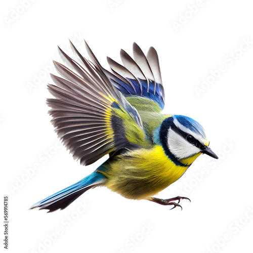 Get a macro look at this beautiful blue and yellow blue tit, flying in mid-air, captured in a portrait shot. Generative AI