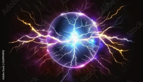 Lightning effect with powerful electric discharge as a realistic background. Design element with ball lightning, magic light effect, and electric energy flash.