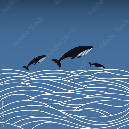 Big ocean whale design vector illustration. Big whale hand drawn sketch background.