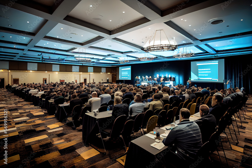 Naklejka premium Business event in conference hall, group if people. Generative AI