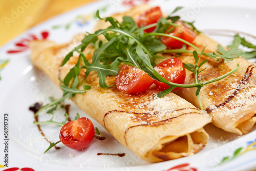 pancakes with cherry tomatoes and ham