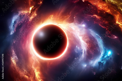 Beautiful Illustration Of Black Hole In Space created with generative AI Technology