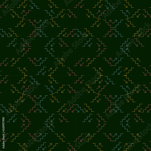 Symbols of stairs up and stairs brought together in colorful fabric patterns. Arrows and wavy lines of lines. Modern pattern.