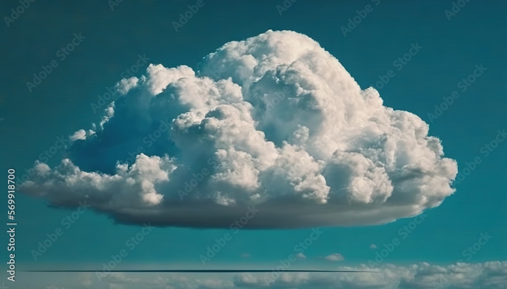 Naklejka premium a large cloud is floating in the sky above a body of water with a boat in the water in front of the clouds and a bright blue sky. generative ai
