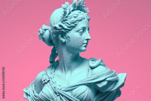 Sculpture of an abstract greek deity, done in the  pastel background colors. Generative AI.