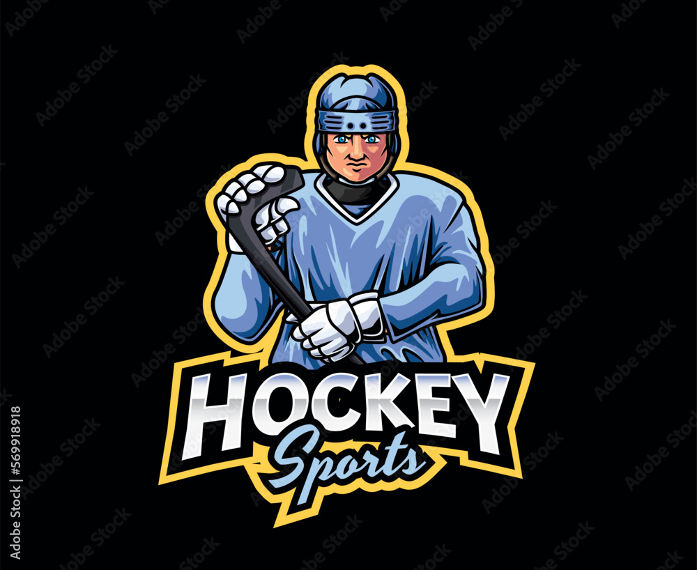 Hockey Mascot Logo Design. Powerful Skating Hockey Athlete Mascot Logo, Hockey Player Mascot Illustration
