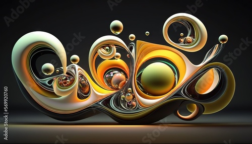  a computer generated image of an abstract object with bubbles and bubbles on a black background  with a black background and a white and orange background.  generative ai