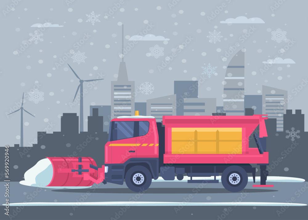 Snow blower truck cleans the snowy city. Vector illustration.