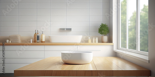 Minimalist Bathroom Oasis: Wooden Table Top for Product Display with Dreamy Blurred Background of Bathtub and Elegant Interior. Generative AI