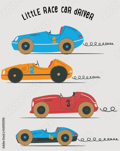 vintage cute race car for printing.vector old school race poster.retro race car set