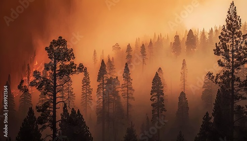  a forest filled with lots of trees covered in a thick smoke filled sky with a forest fire in the distance in the distance is a forest filled with lots of trees.  generative ai