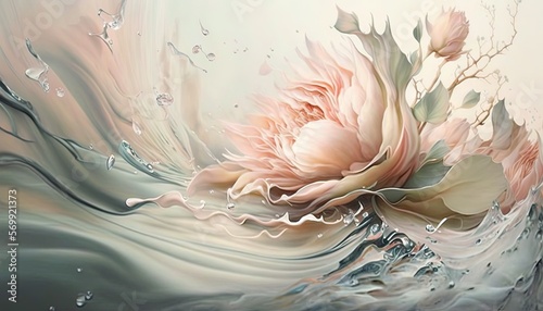  a painting of a pink flower with water splashing on it's petals and leaves on a white background with a splash of water on the bottom of the image.  generative ai