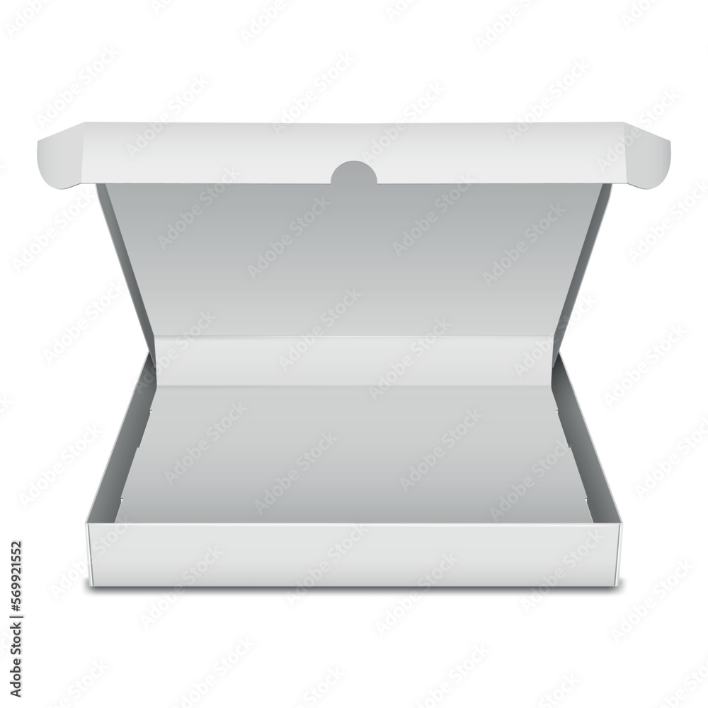 Pizza box open empty cardboard container white package design realistic vector illustration Pizza box open empty cardboard container white package design realistic vector illustration