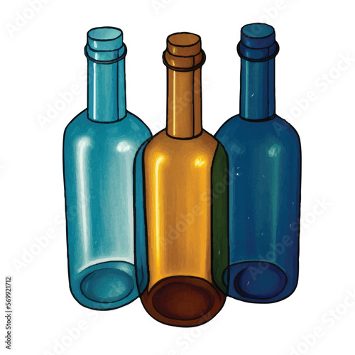A set of three bottles of in different colors of blue and brown.