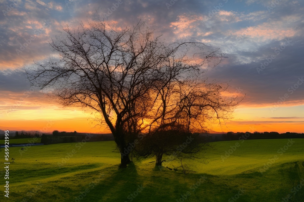 Landscape in the country at sunset. Spring rural landscape, sunset over the village - generative ai Landscape in the country at sunset. Spring rural landscape, sunset over the village - generative ai