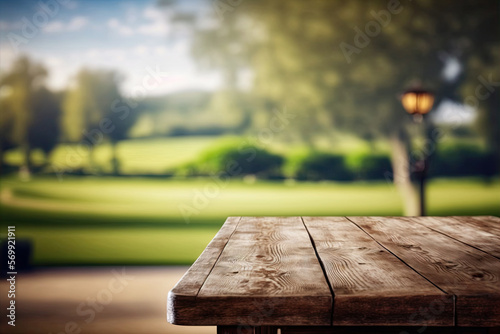 Blurred spacious green field, wooden table, sunny day. Golf club, resort. Generative AI
