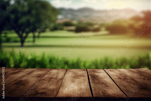Blurred spacious green field  wooden table  sunny day. Golf club  resort. Generative AI