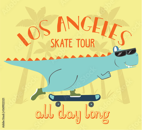 Cute dinosaur rides on skateboard. Tyrannosaur skateboarder 