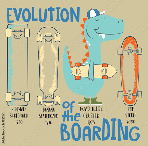 Cute dinosaur rides on skateboard. Tyrannosaur skateboarder 