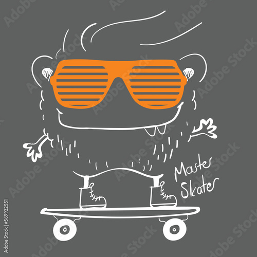 Cool vector navy monster character with blue headphones listens music. Urban monster character.