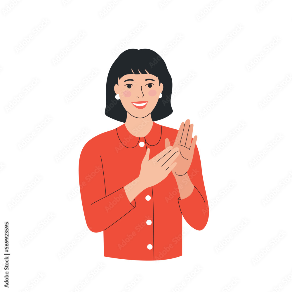 Young woman clapping hands thanking or showing appreciation at event. Vector cartoon flat style illustration Young woman clapping hands thanking or showing appreciation at event. Vector cartoon flat style illustration