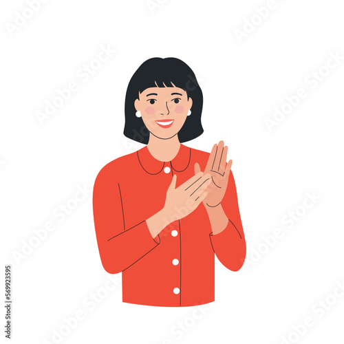 Young woman clapping hands thanking or showing appreciation at event.  Vector cartoon flat style illustration