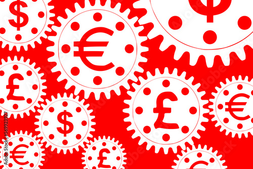 Vector concept, money makes the world go round. A gear mechanism with dollar, euro and pound sterling currency signs	