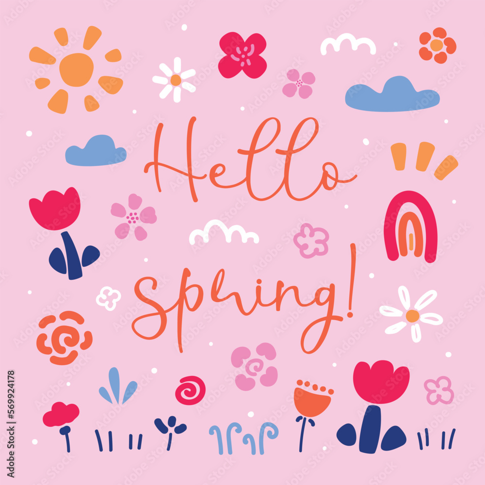 Vector illustration of flowers, sun, clouds and plants in hand drawn style. Cute card with text Hello spring
