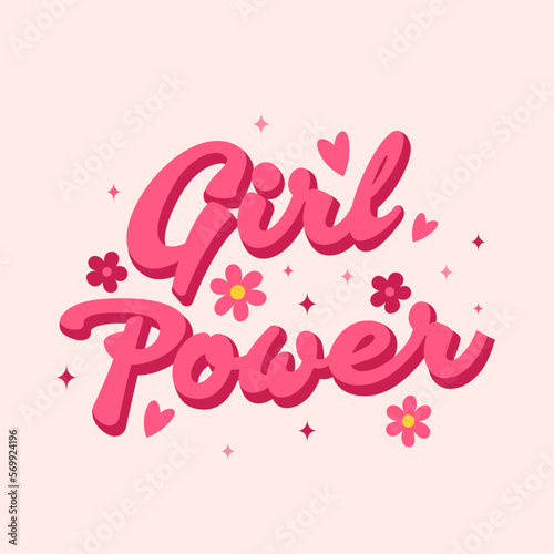 Girl Power. Trendy retro slogan, quote in 60s, 70s, 80s style. Greeting card, poster, print, social media template. Retro lettering, pink cute girly inscription.