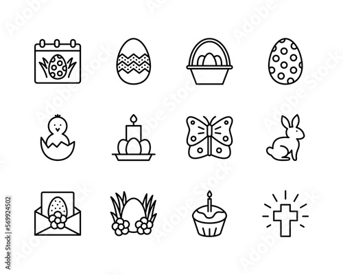Easter flat line icons set. Contains such icons as Colored egg, bunny, basket, cake and chick. Simple flat vector illustration for web site or mobile app